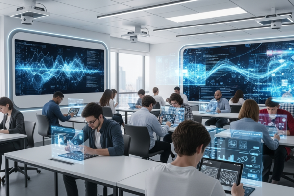 Students taking digital standardized tests on tablets in a modern classroom, with subtle indicators of AI proctoring and data analysis on surrounding screens.