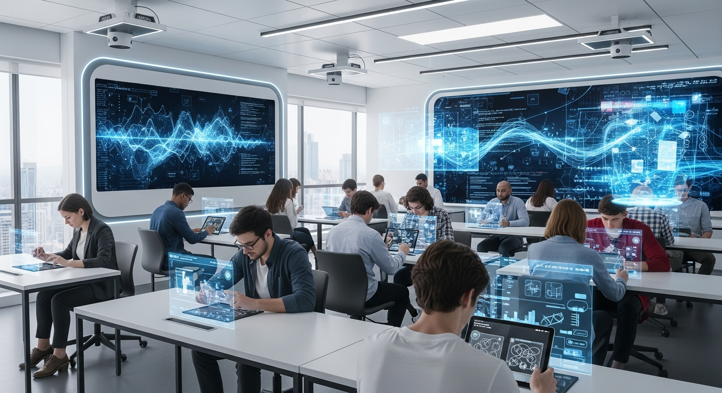 Students taking digital standardized tests on tablets in a modern classroom, with subtle indicators of AI proctoring and data analysis on surrounding screens.